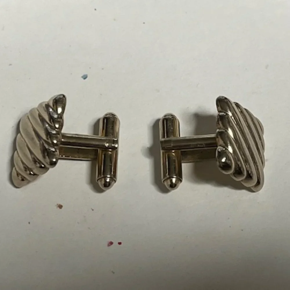 VTG Gold Tone Square Shaped Striped Ribbon Style Cuff Links Retro Gift